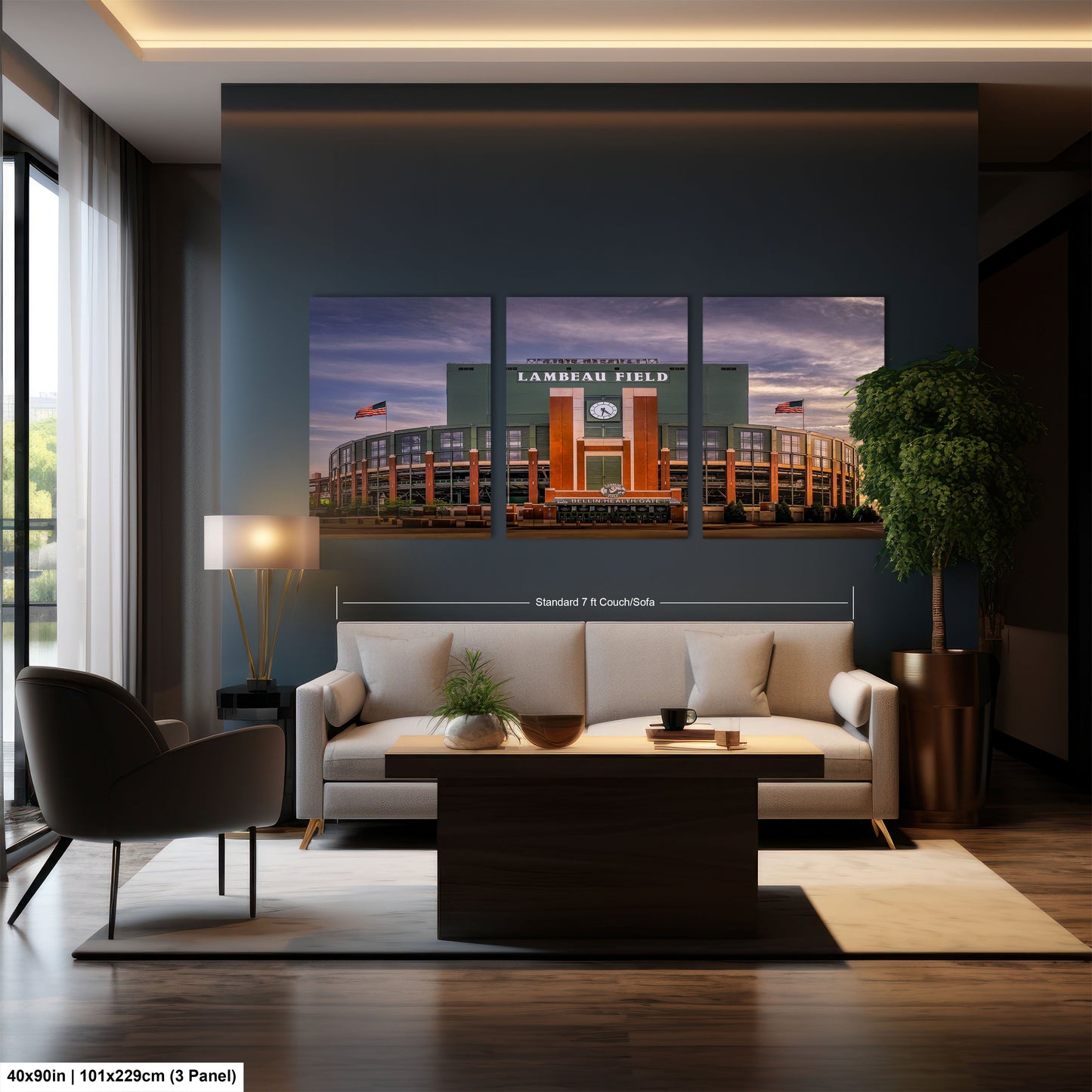a living room with a couch a chair and a window