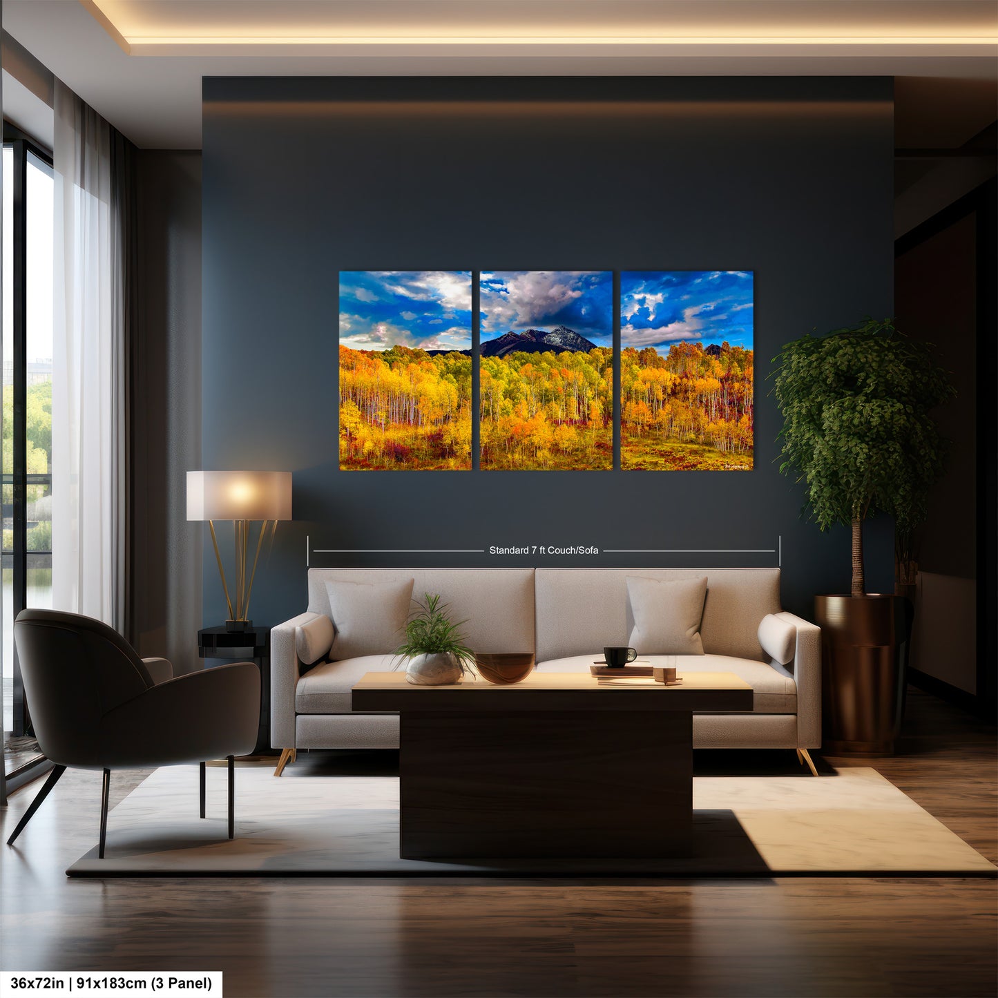 a living room filled with furniture and a painting on the wall