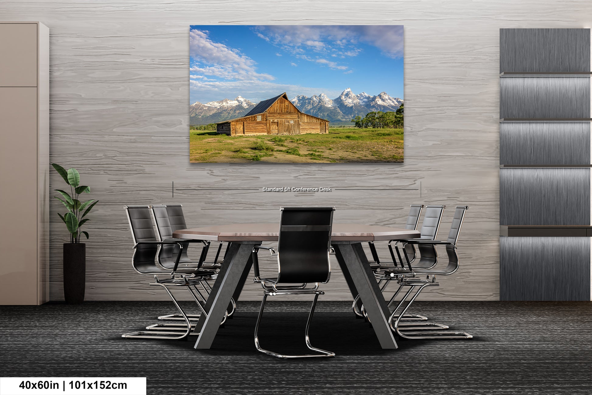 a dining room table with chairs and a picture of a barn on the wall