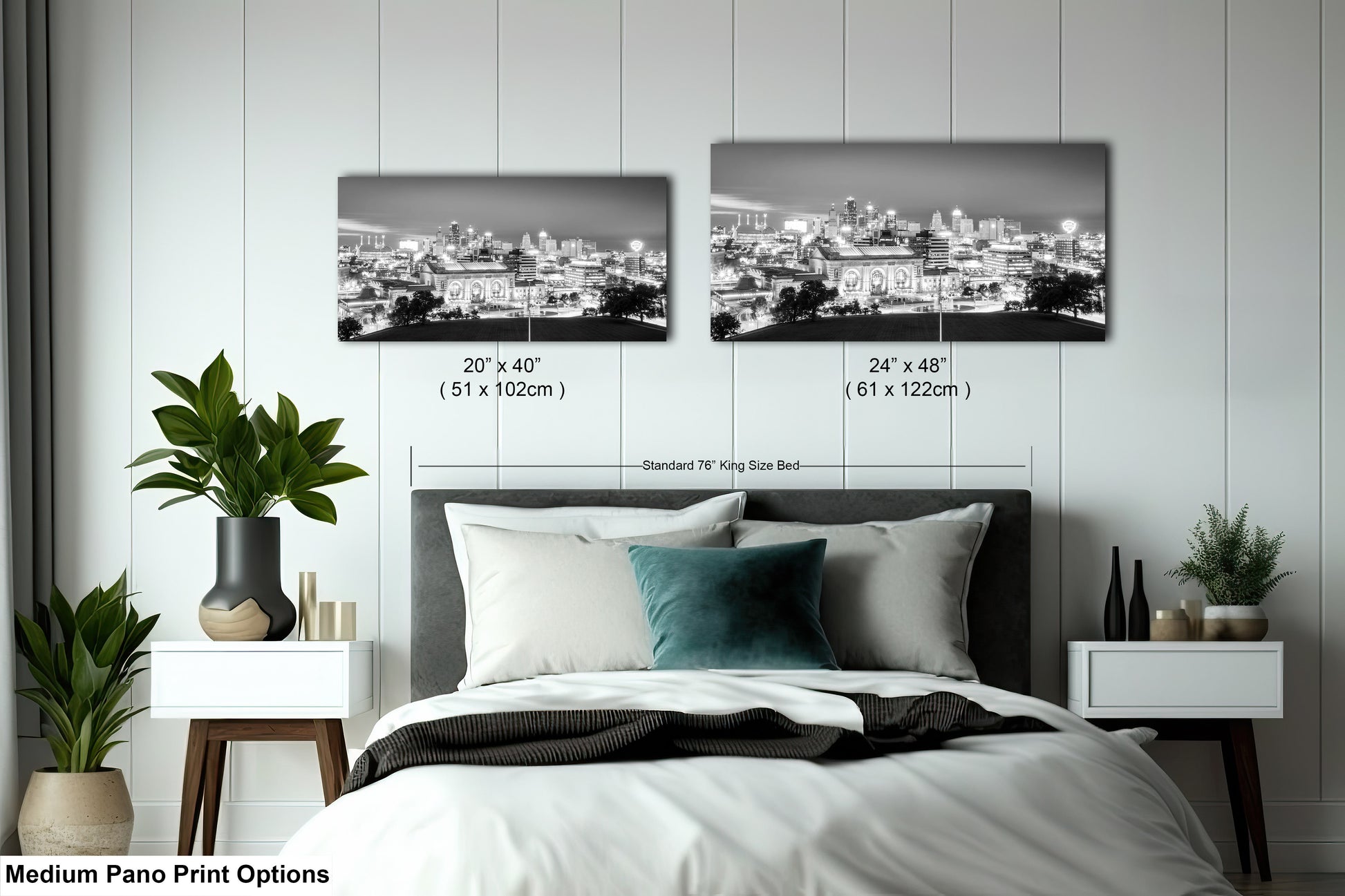 a bedroom with a bed and two pictures on the wall
