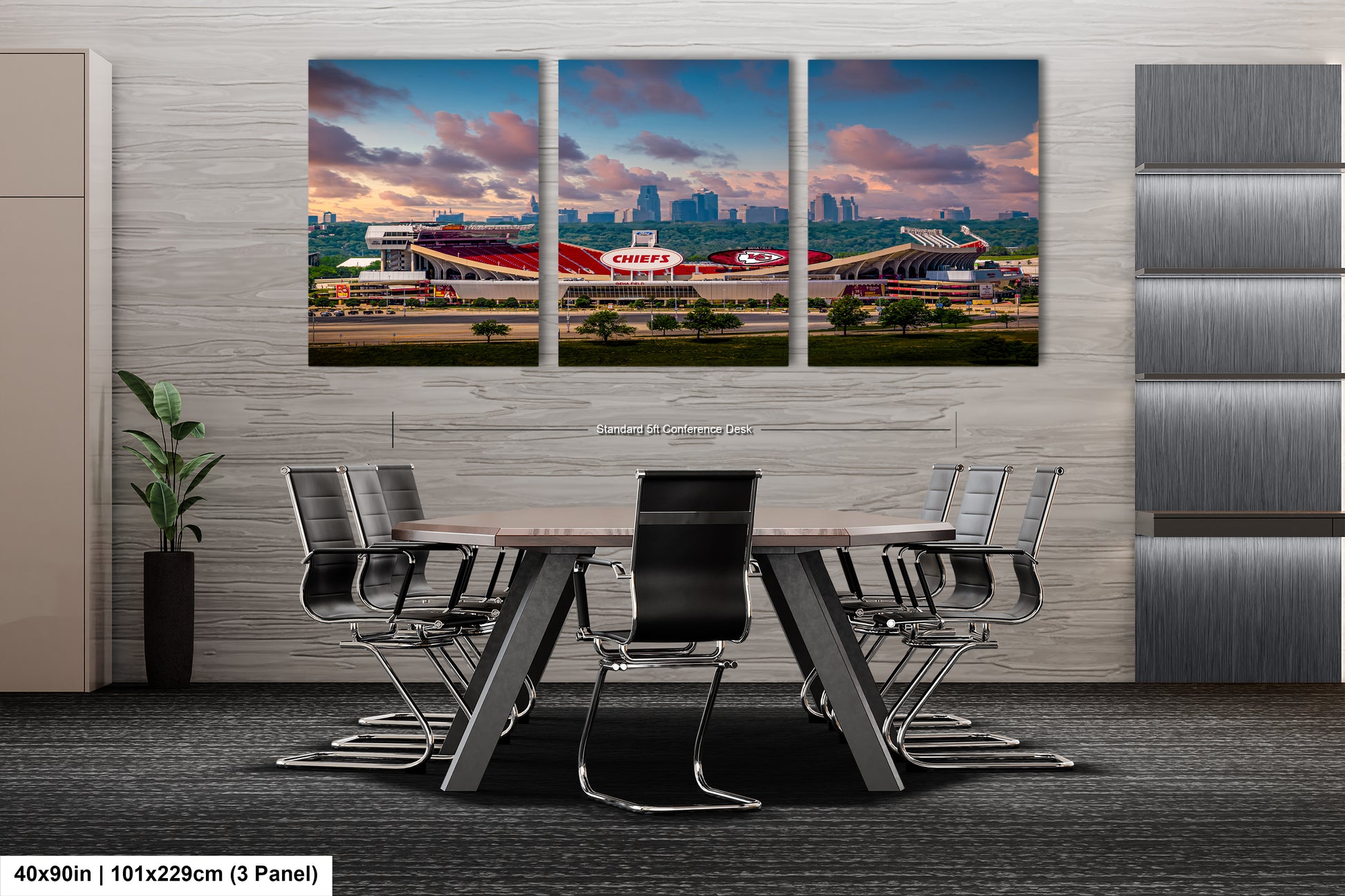 a dining room table with a view of a city