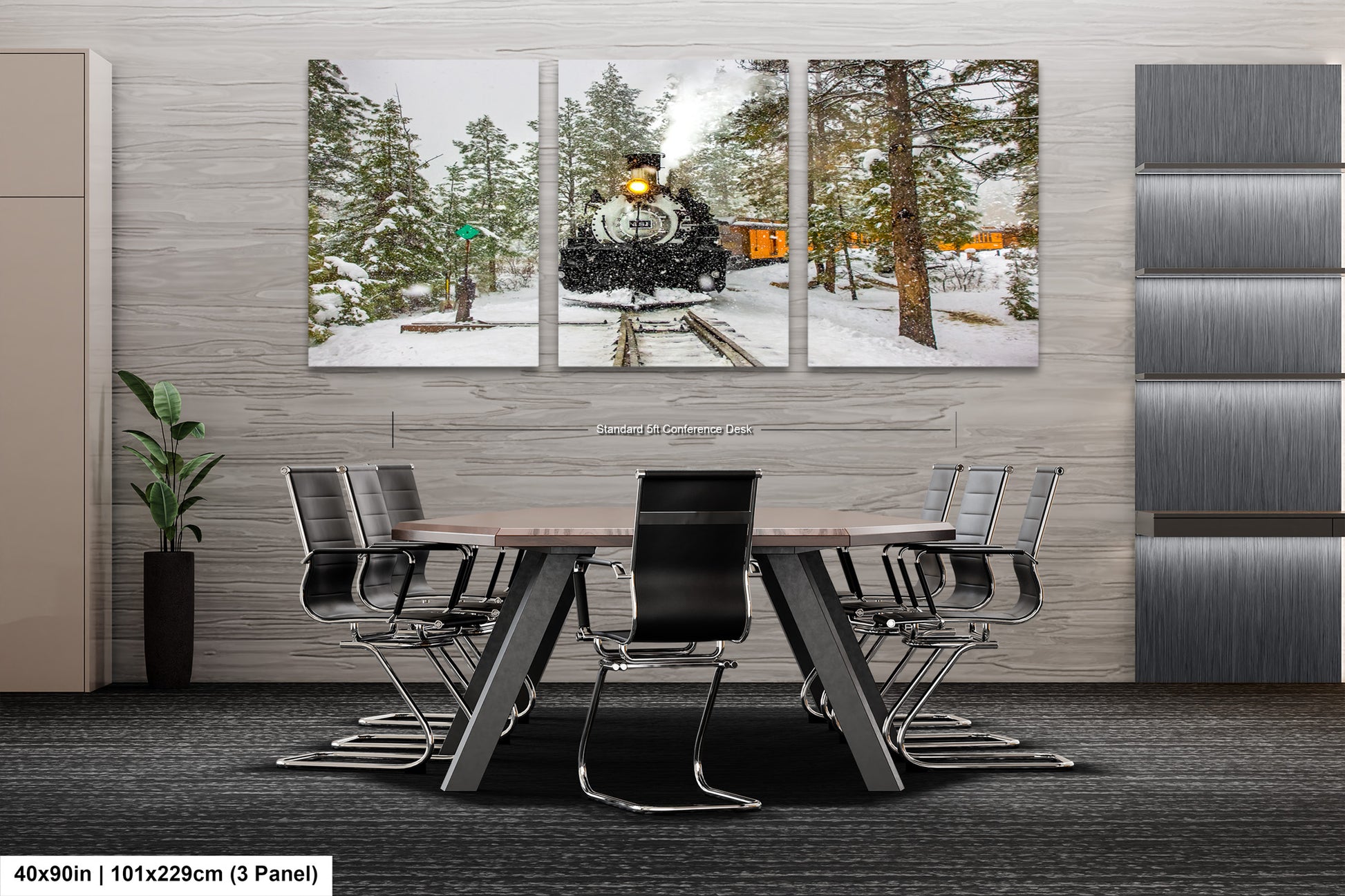 a dining room table with chairs and a painting of a train