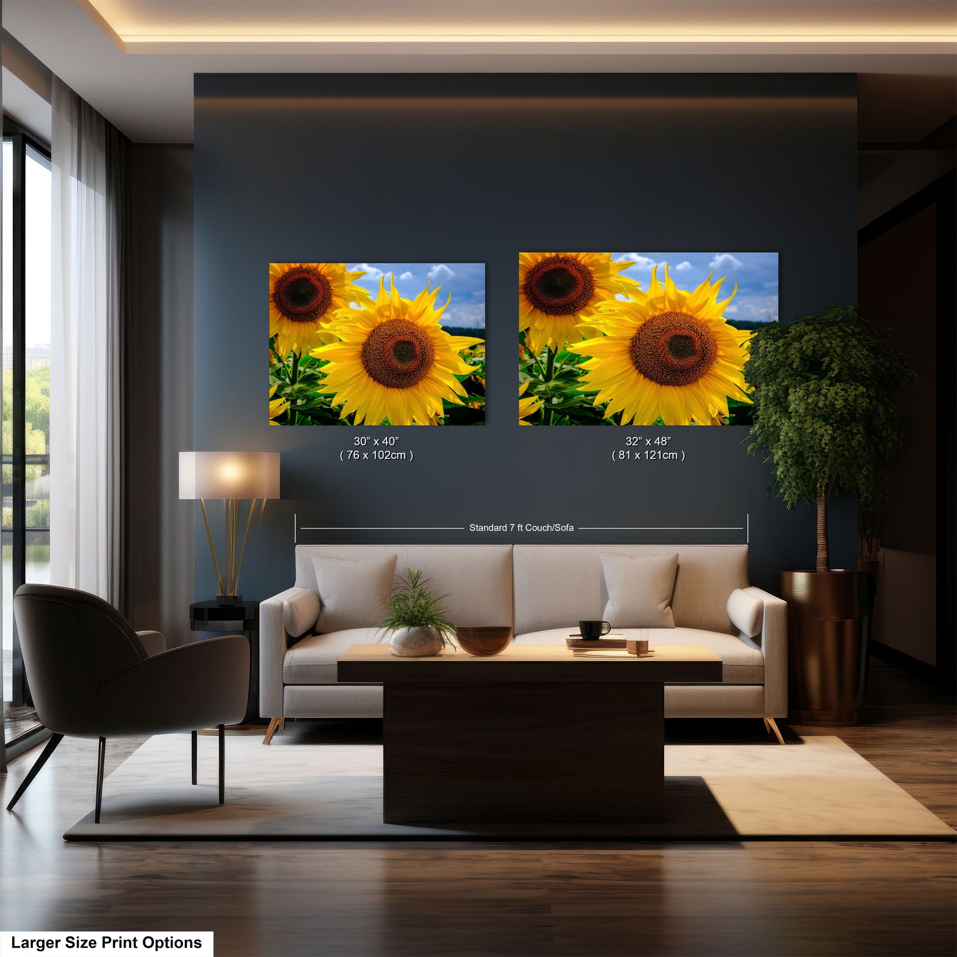 a living room filled with furniture and a painting of sunflowers