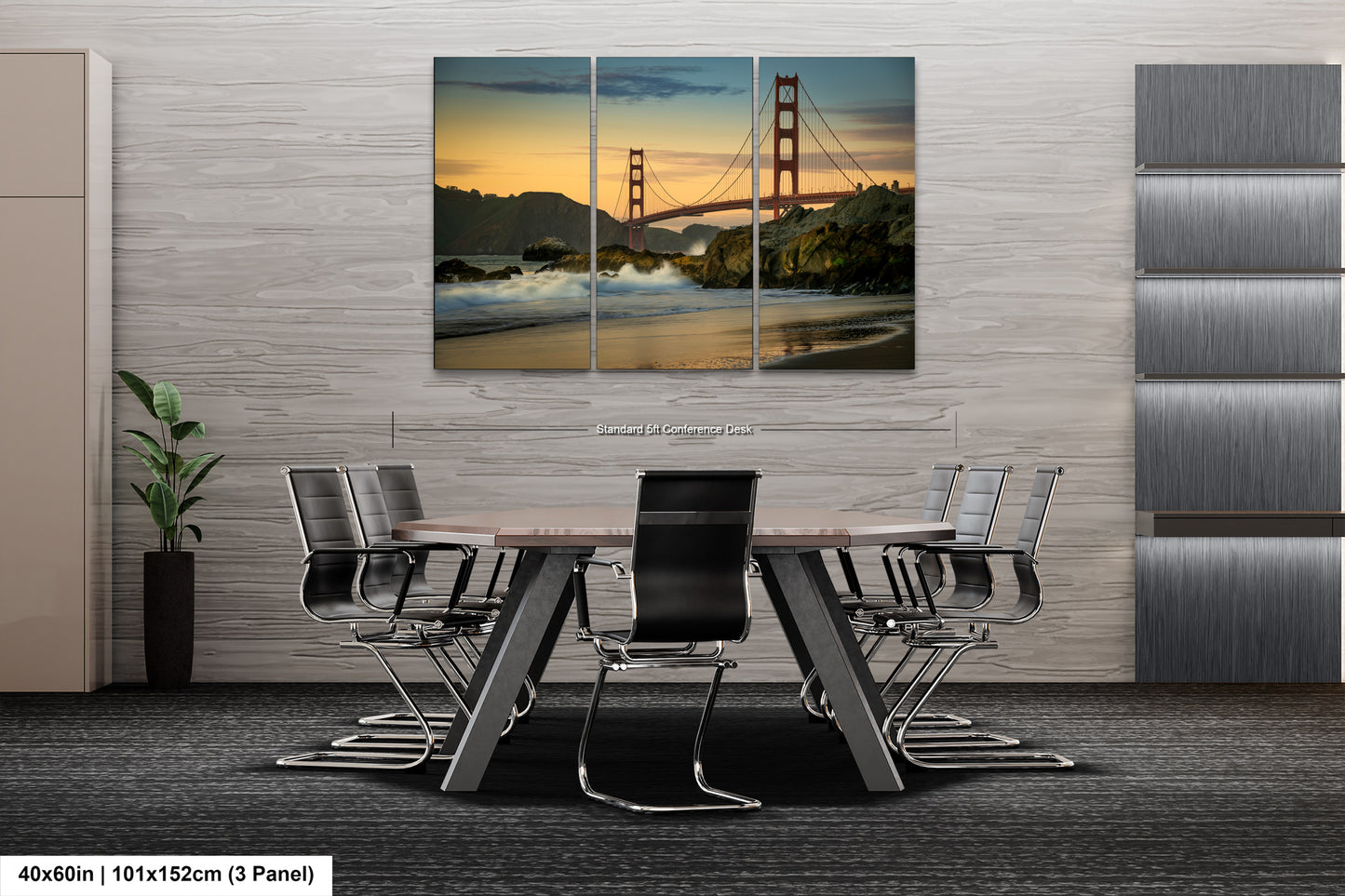 a dining room table with a view of the golden gate bridge