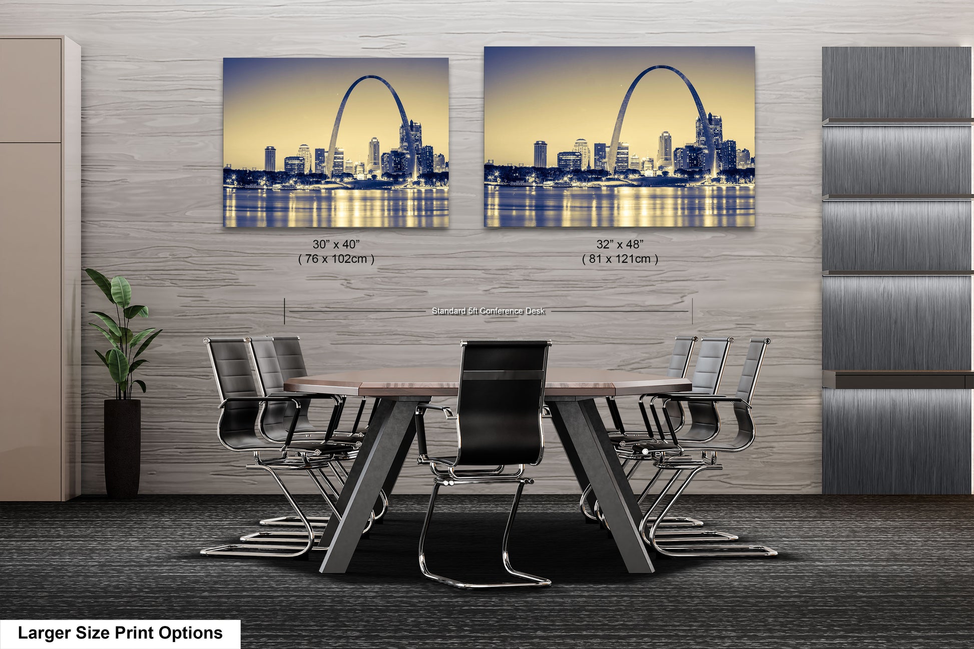 a dining room table with chairs and a picture of the st louis skyline