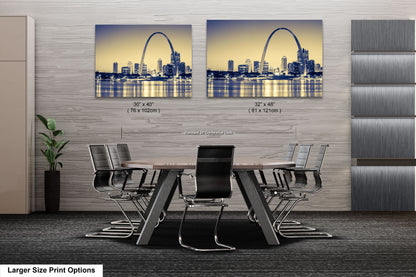 a dining room table with chairs and a picture of the st louis skyline
