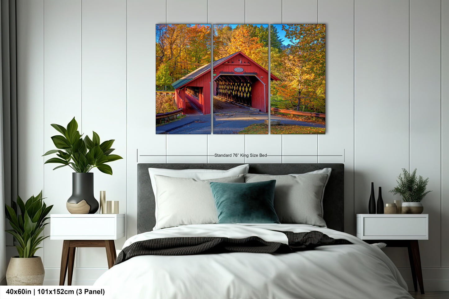 a bedroom with a bed and a painting on the wall