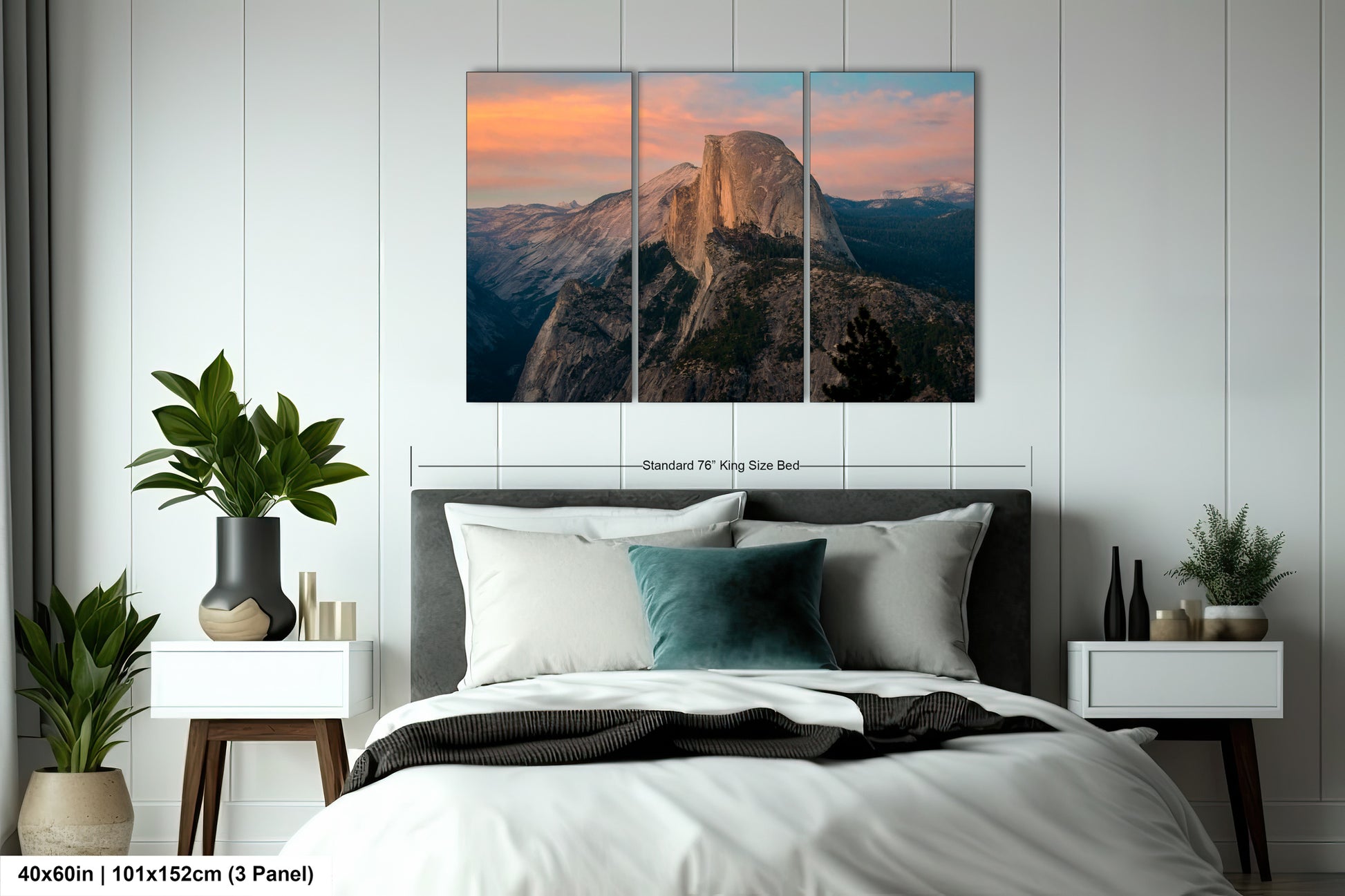 a bedroom scene with a bed and a mountain