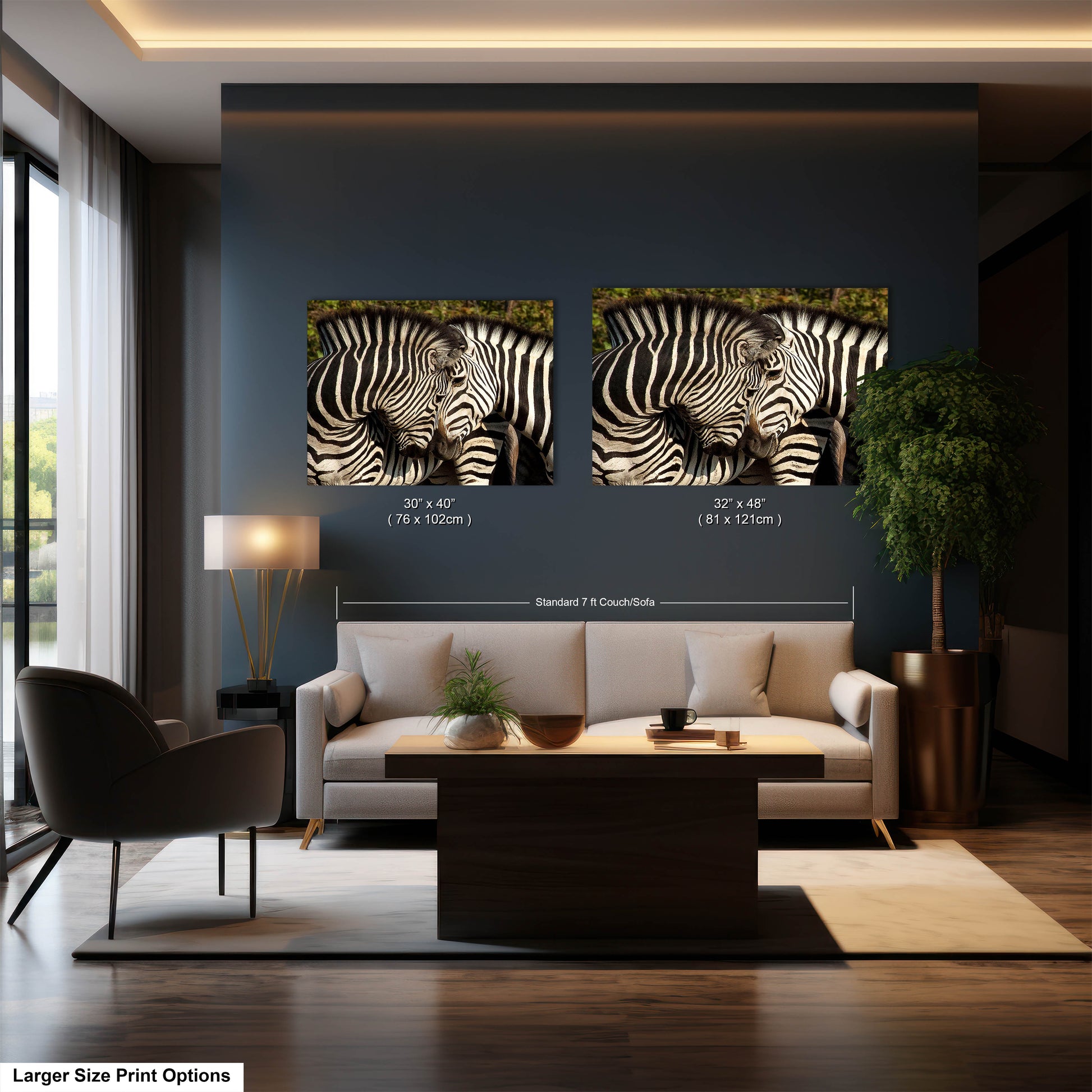 a living room with two zebras on the wall
