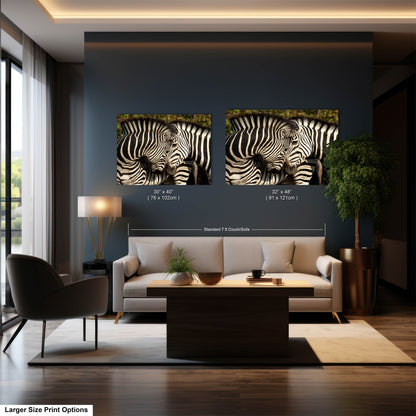 a living room with two zebras on the wall
