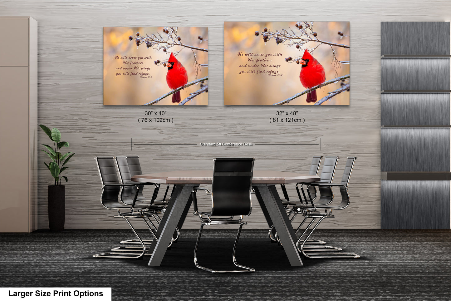 a dining room table with chairs and a red bird on it
