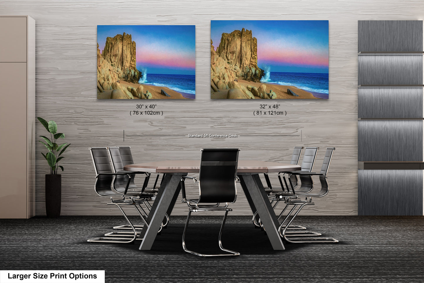 a dining room table with chairs next to a wall with two pictures on it