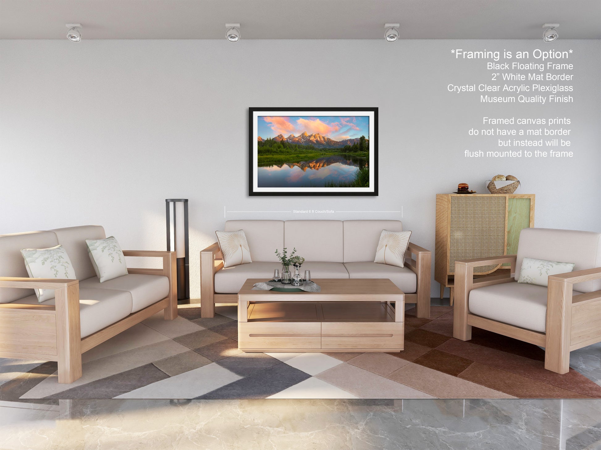 a living room filled with furniture and a painting on the wall