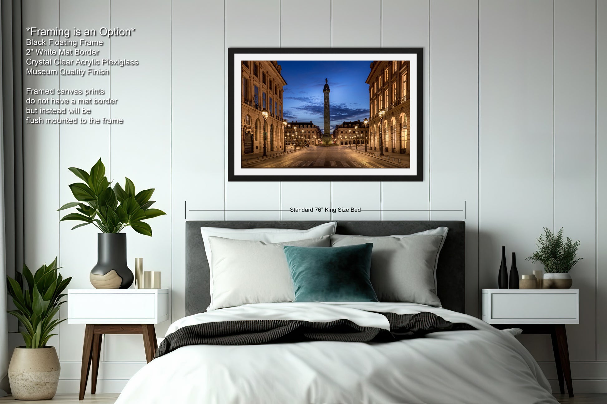 a bedroom with a bed and a picture hanging on the wall