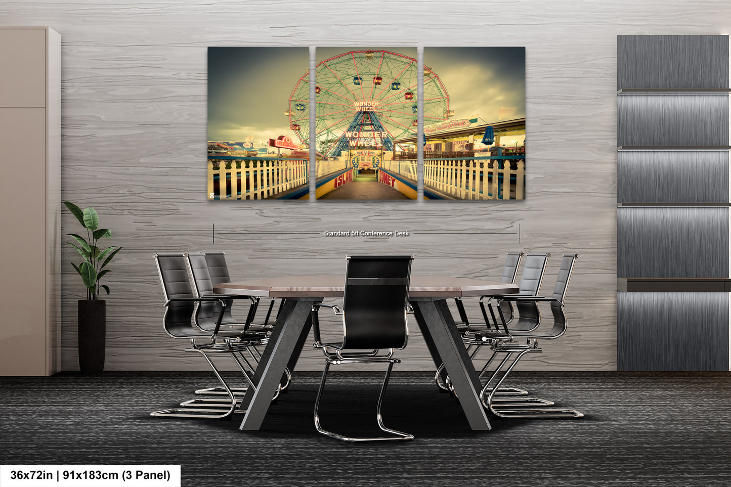 a dining room table with a ferris wheel in the background