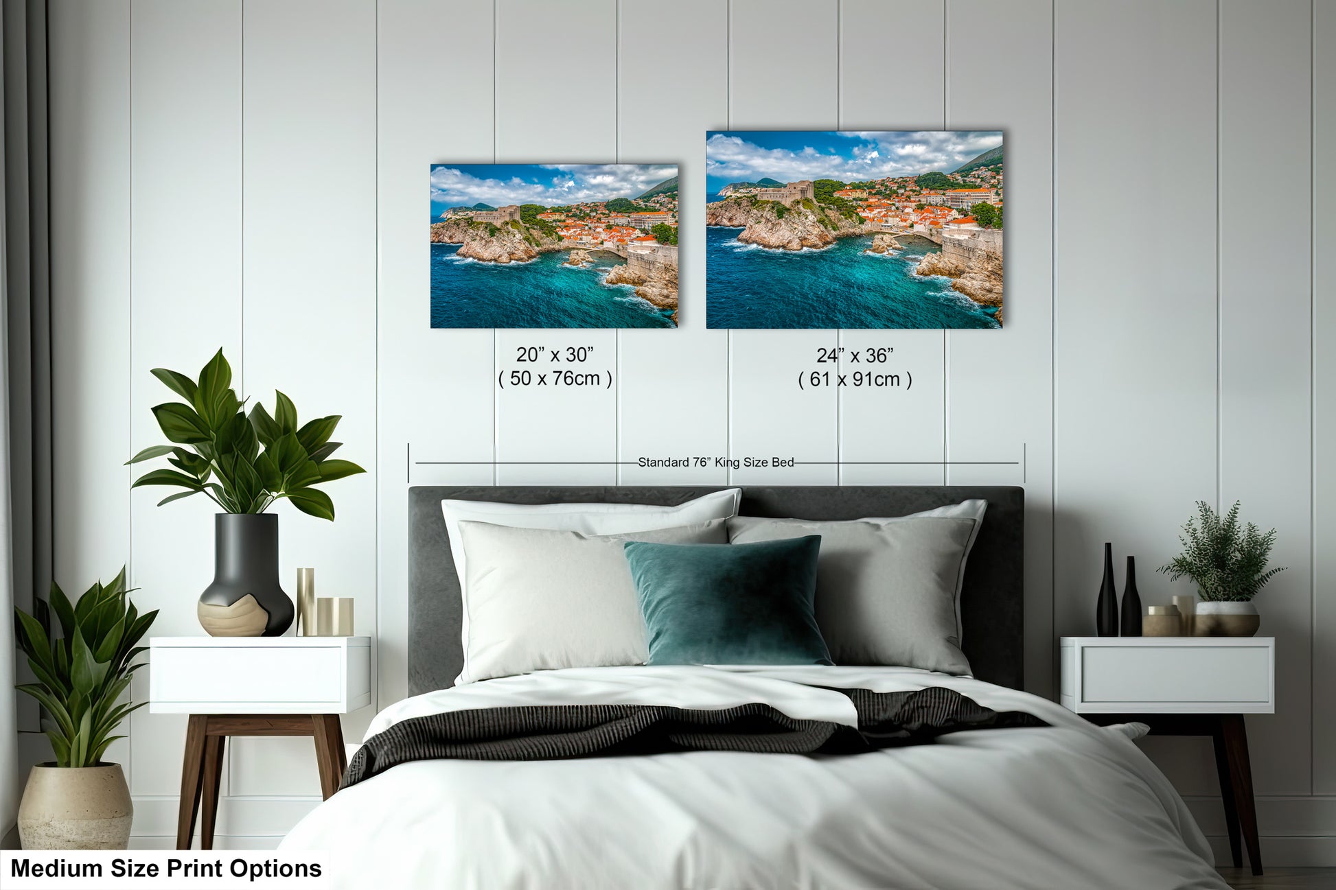 a bedroom with a bed and two pictures on the wall