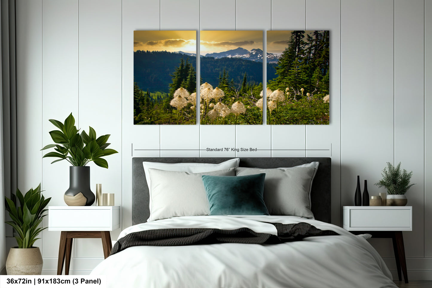 a bedroom scene with a bed and two paintings on the wall