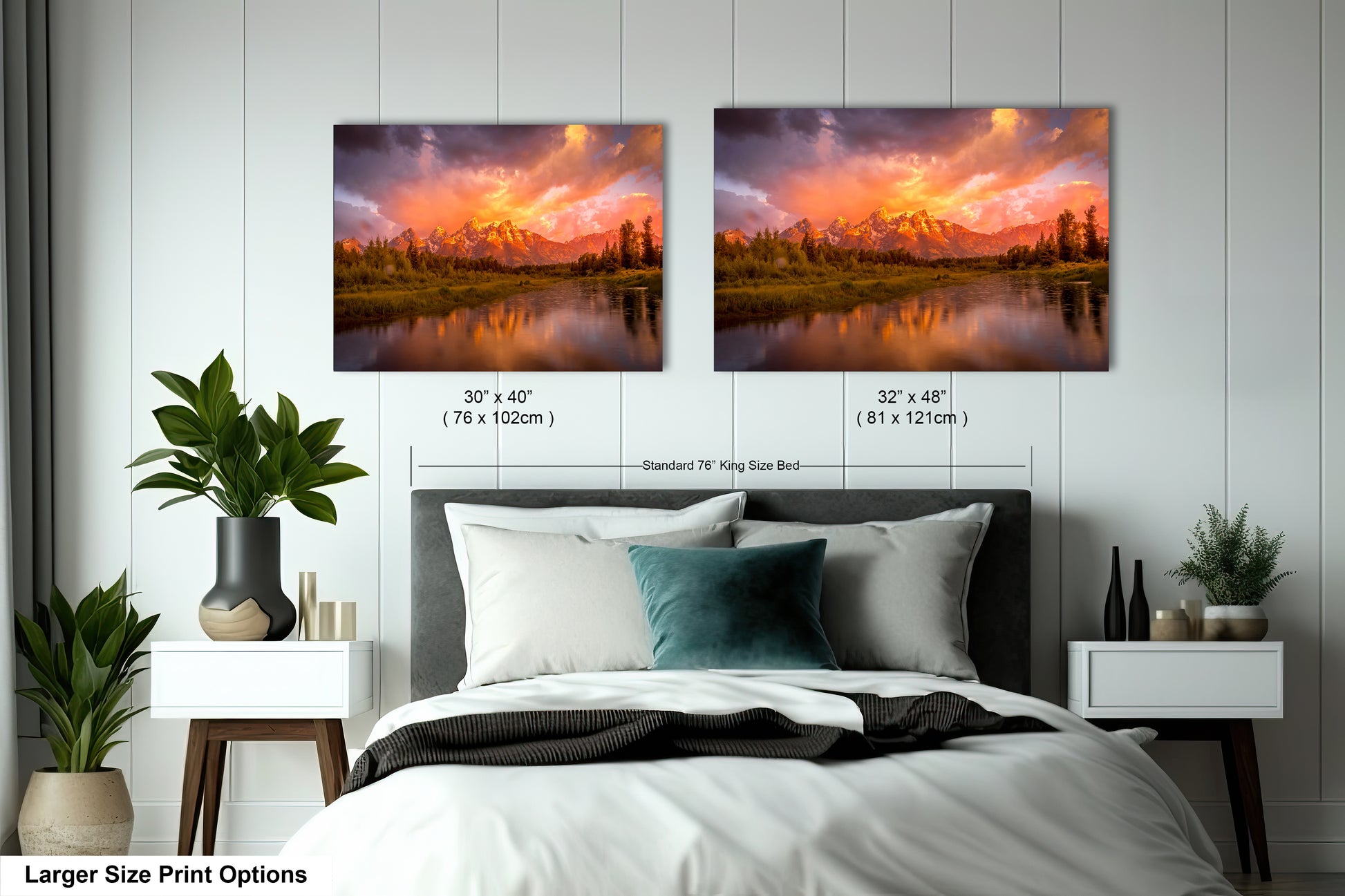 a bedroom with a bed and two pictures on the wall