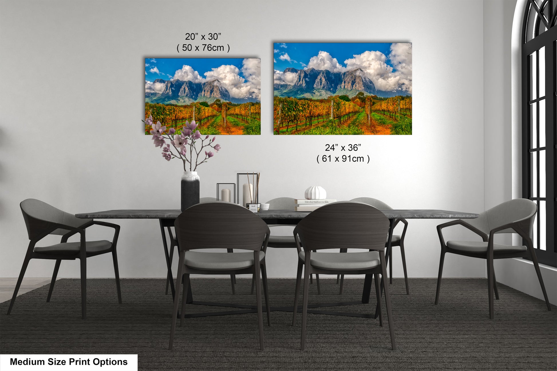 a dining room with a table and chairs