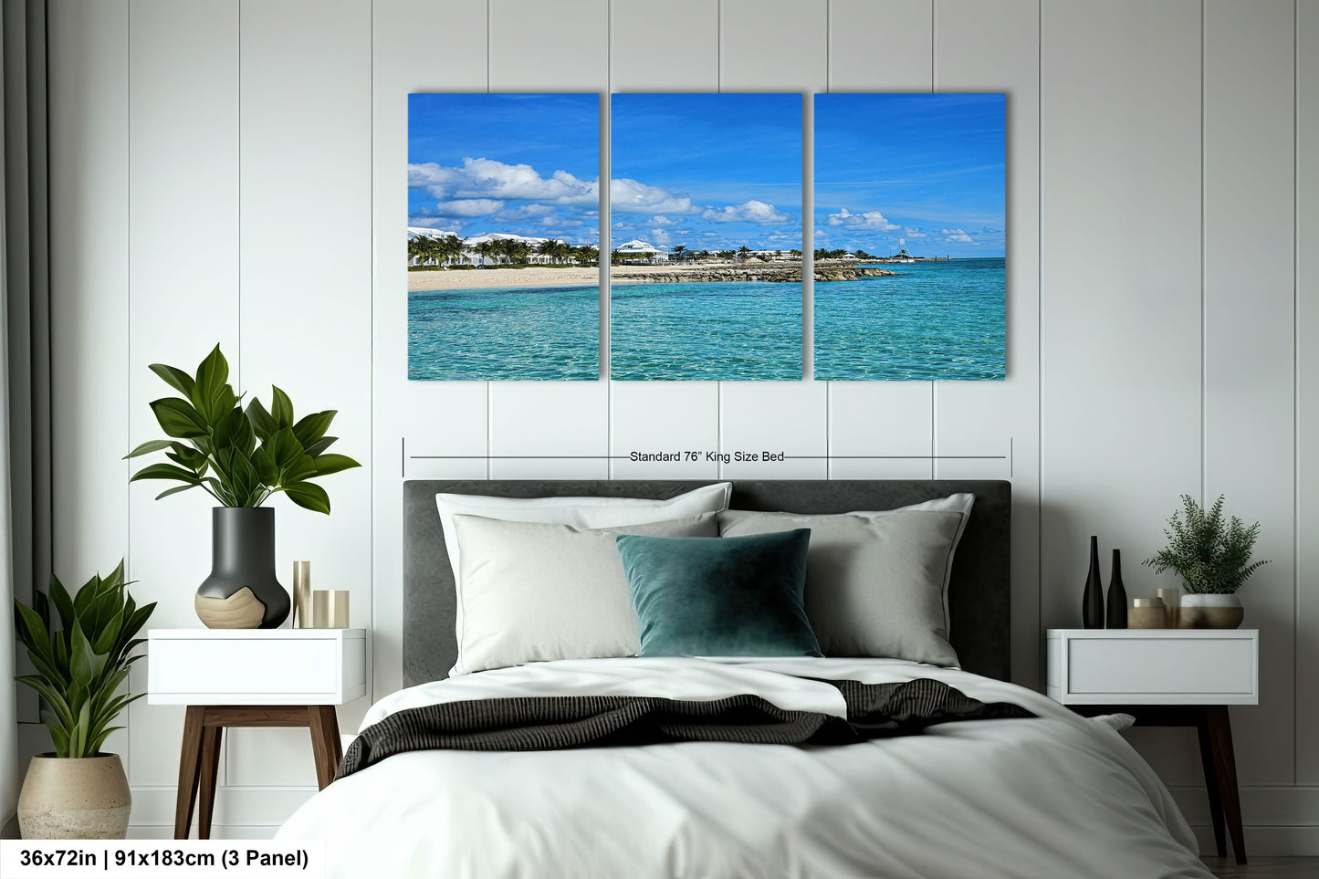 a bedroom scene with a bed and a wall hanging