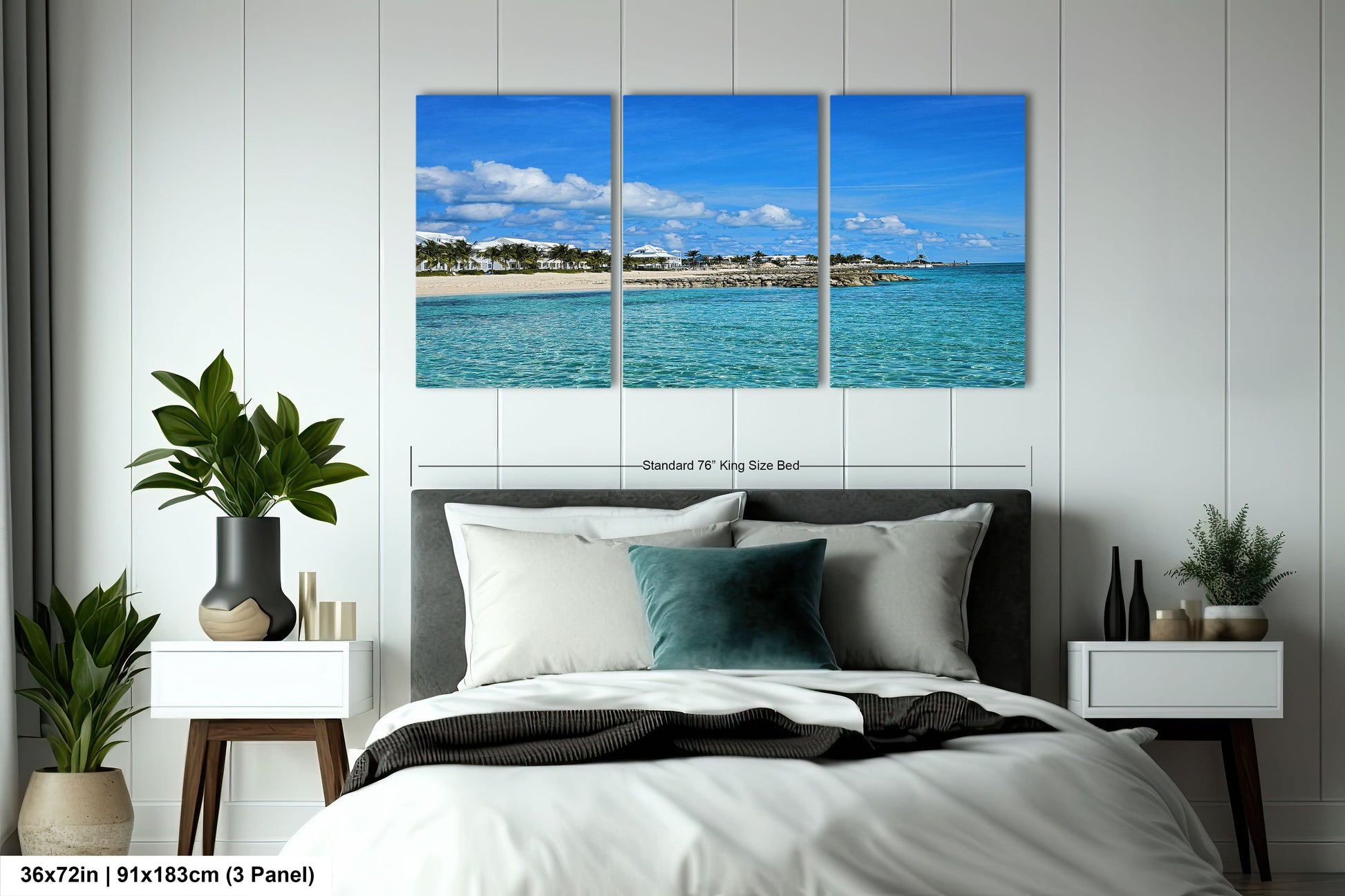 a bedroom scene with a bed and a wall hanging
