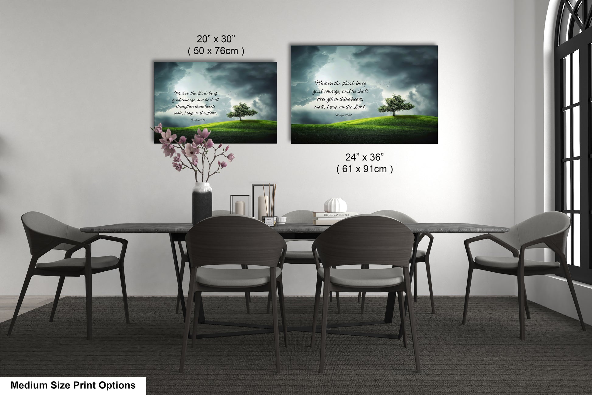 a dining table with four chairs and a vase with flowers