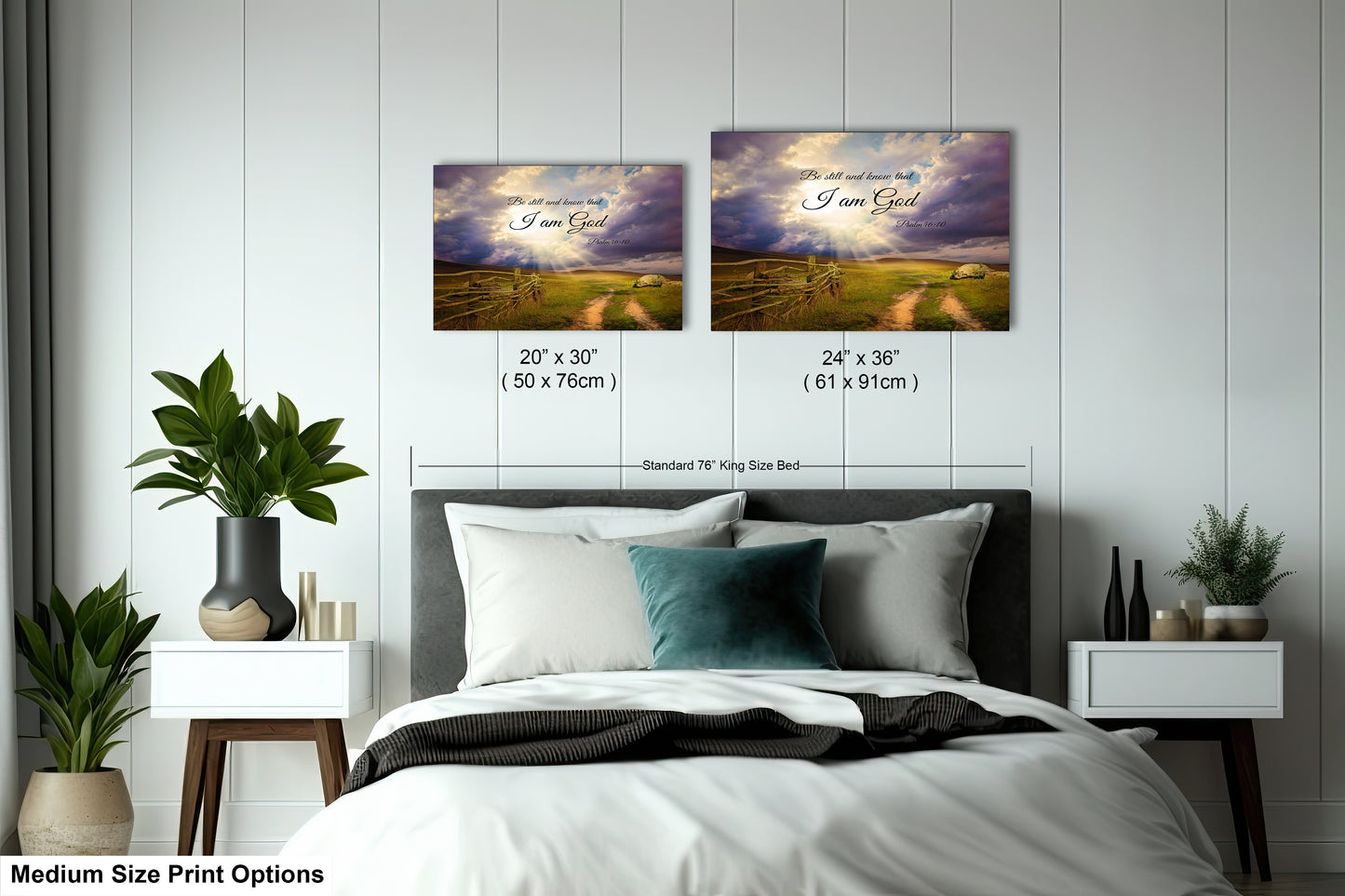 a bedroom with a bed and two pictures on the wall