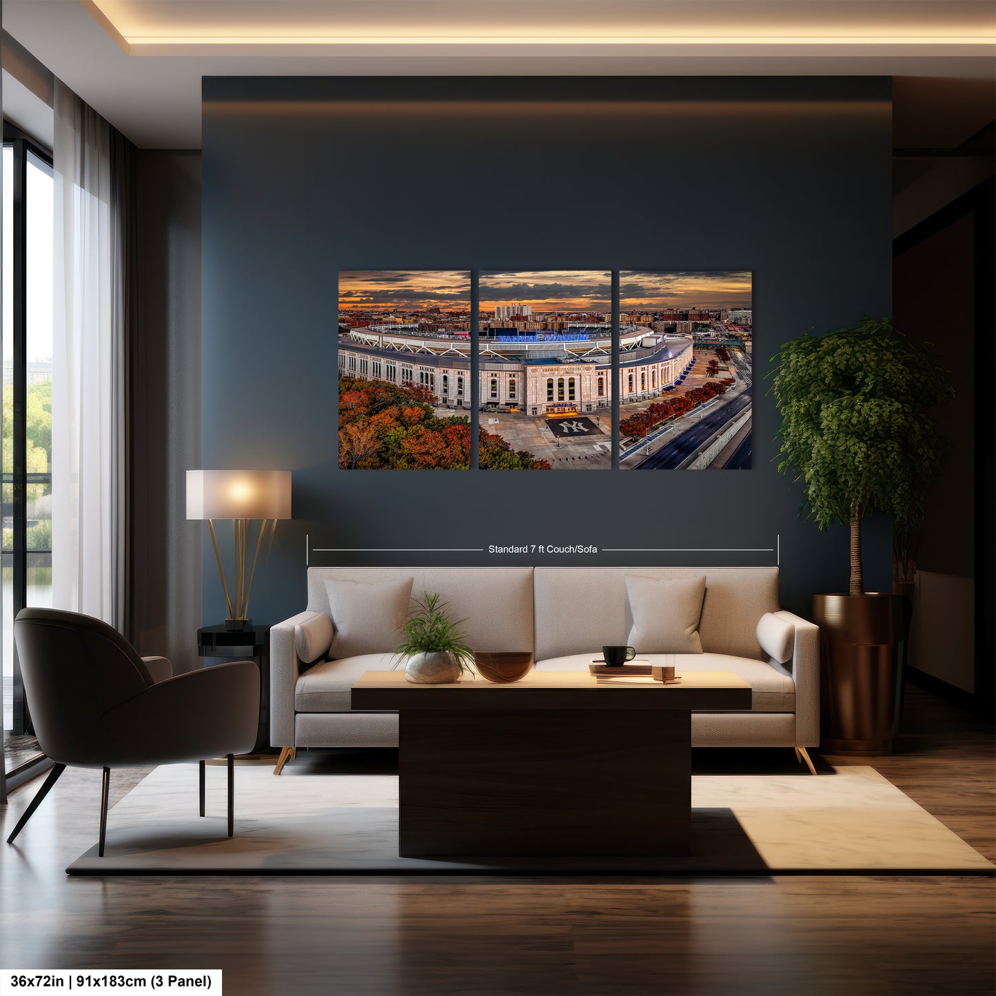 a living room with a couch and a painting on the wall