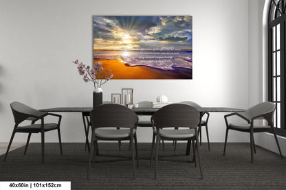 a dining room table with chairs and a painting on the wall