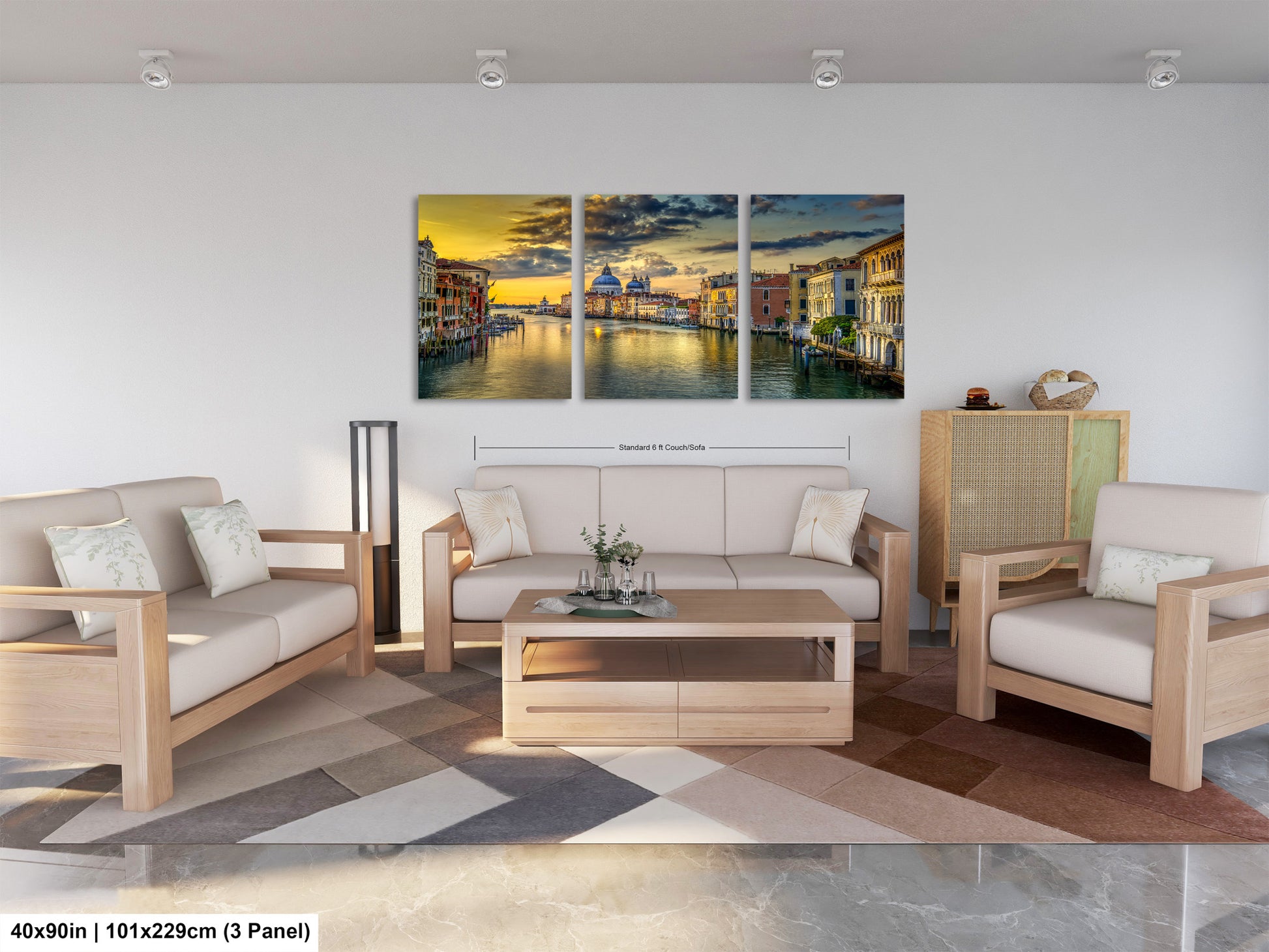 a living room filled with furniture and a painting on the wall