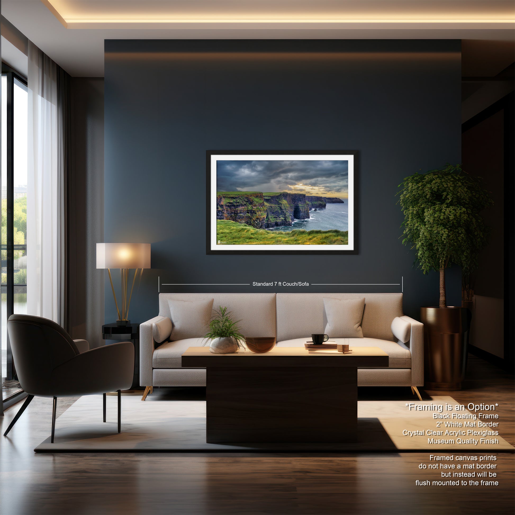a living room with a couch a chair and a painting on the wall