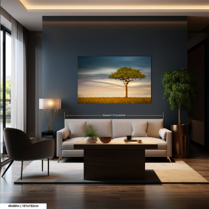 a living room with a couch and a painting on the wall