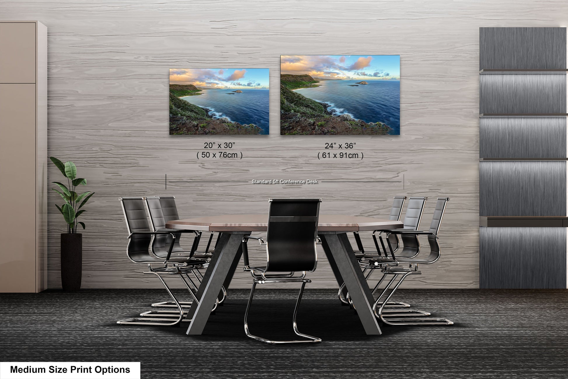 a dining room table with chairs and two pictures on the wall