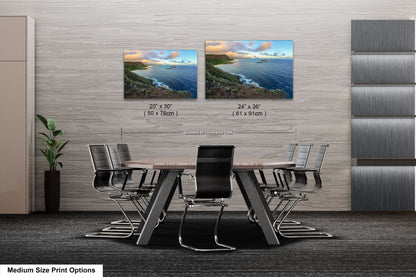 a dining room table with chairs and two pictures on the wall