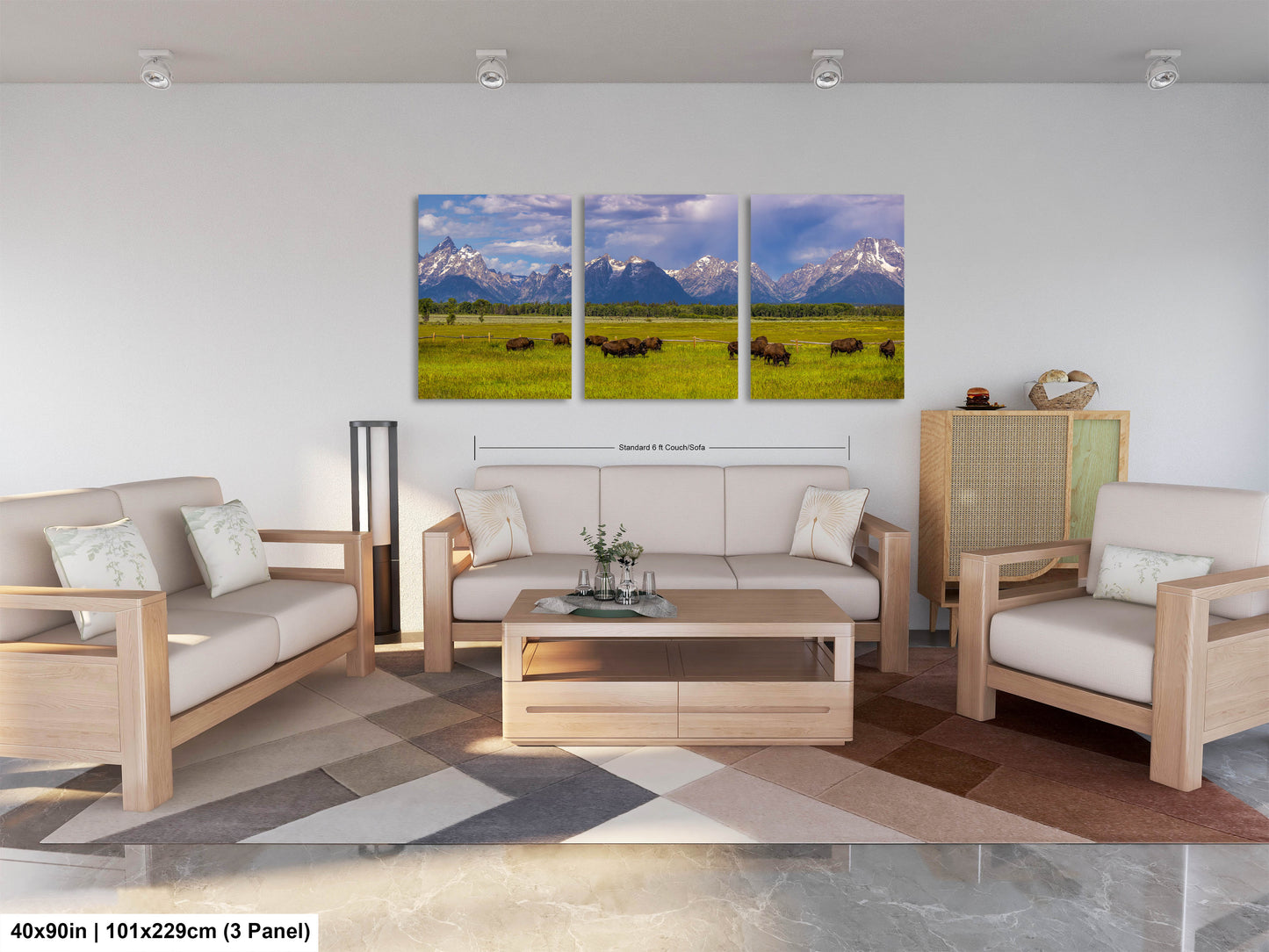a living room filled with furniture and a painting on the wall