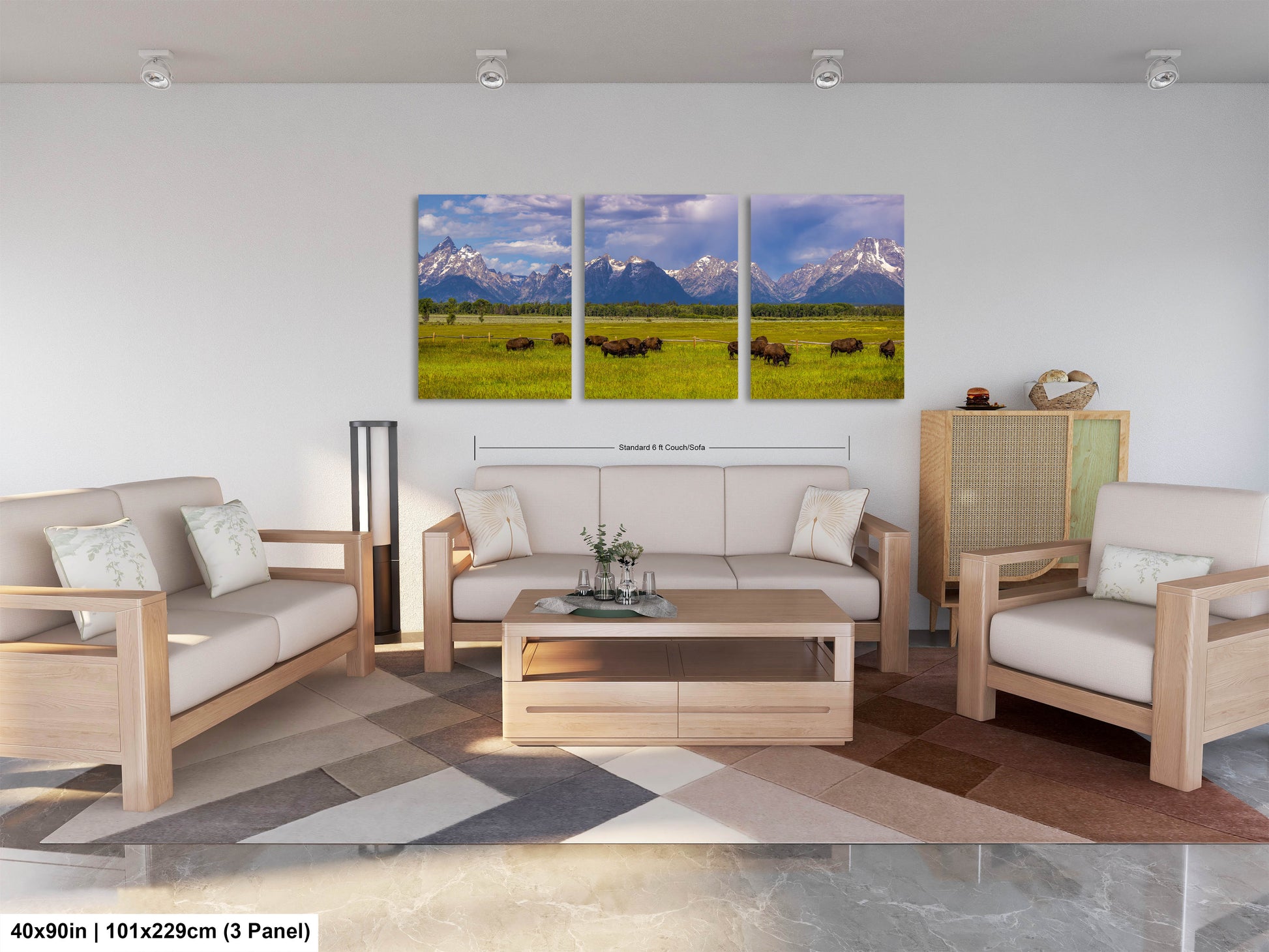 a living room filled with furniture and a painting on the wall