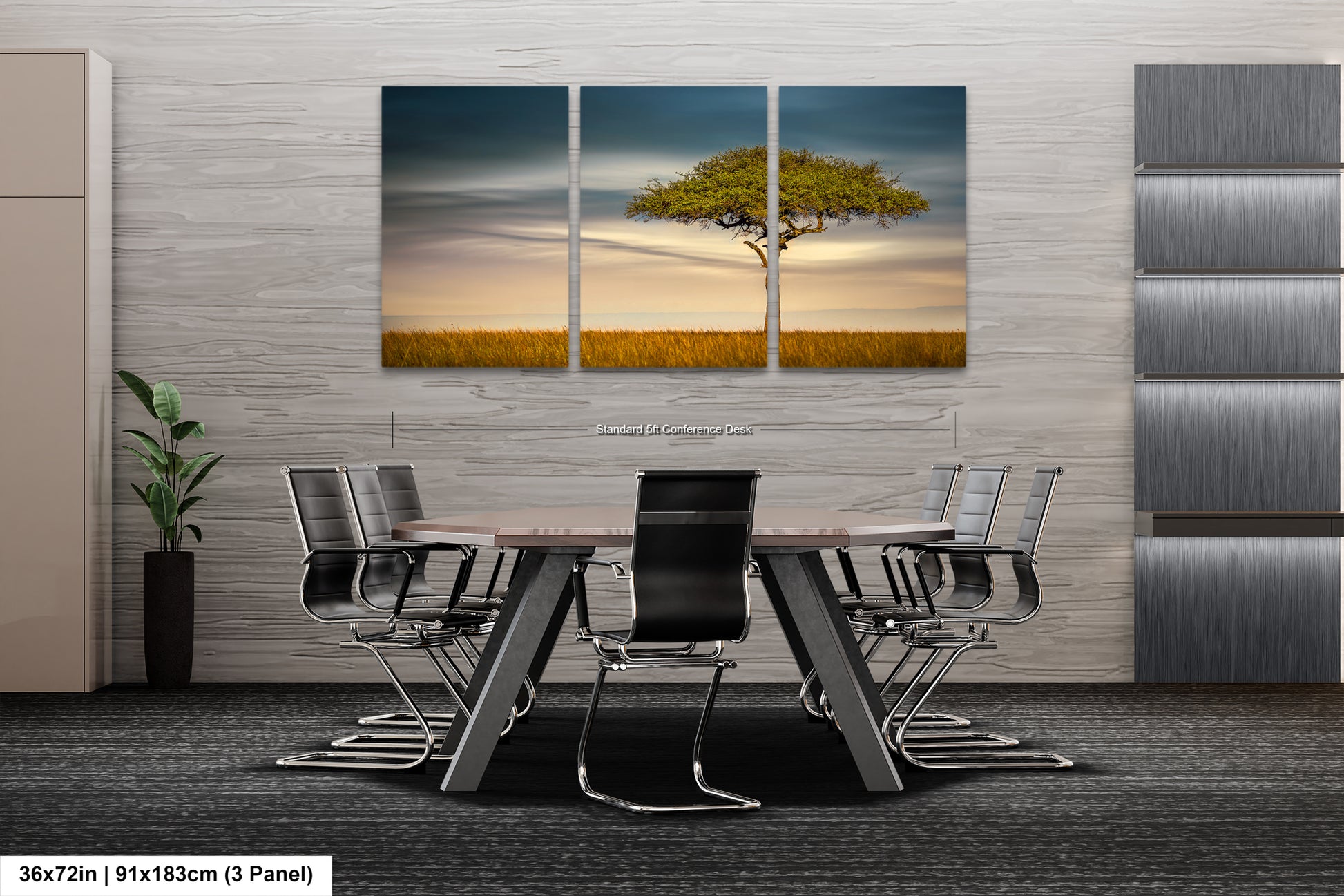 a dining room table with chairs and a painting on the wall