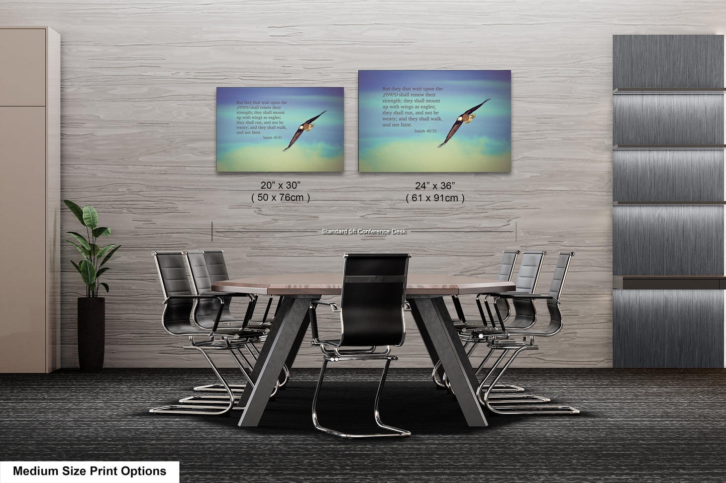 a dining room table with chairs and a poster on the wall