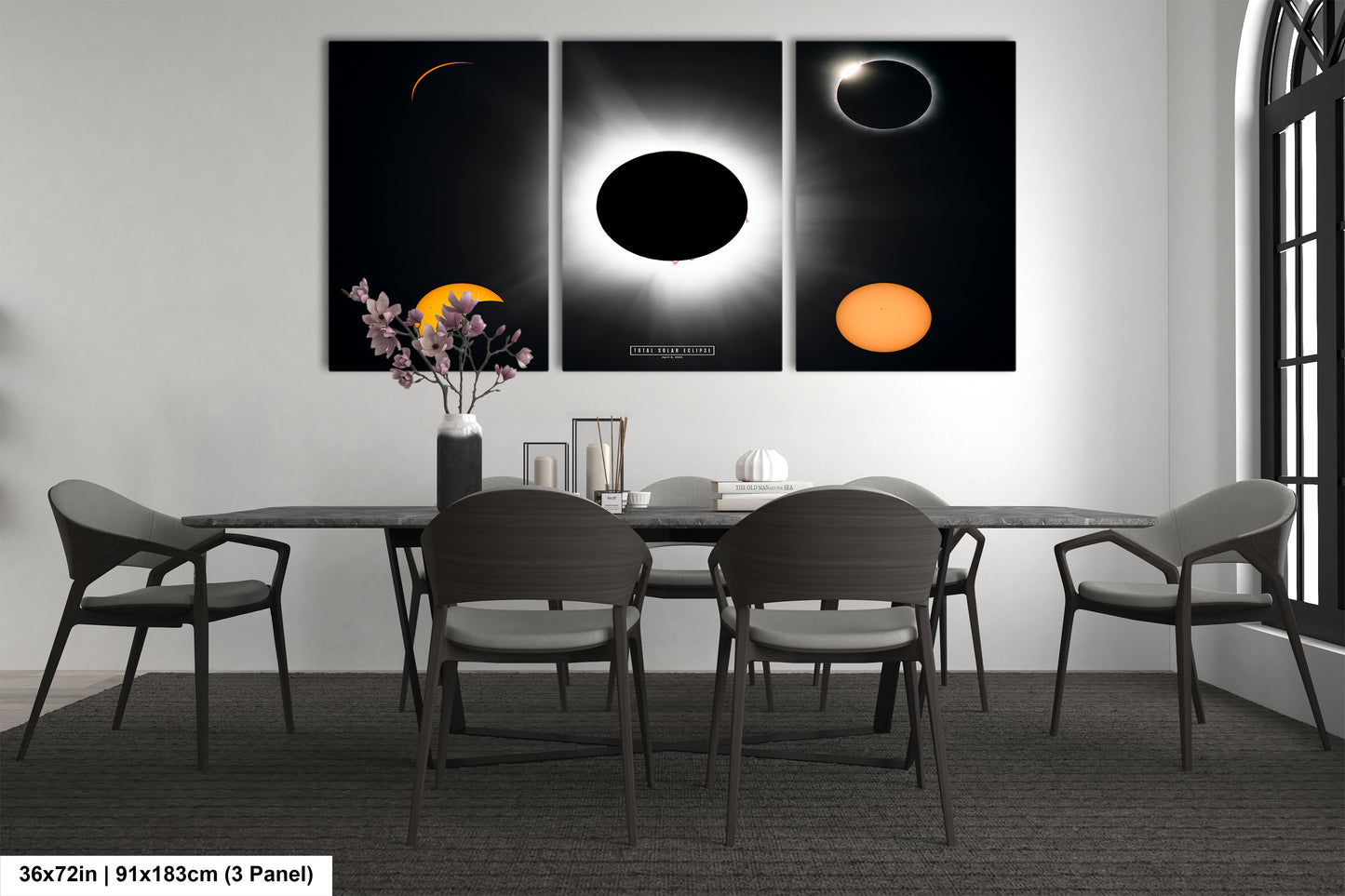 a dining room with a table and four chairs