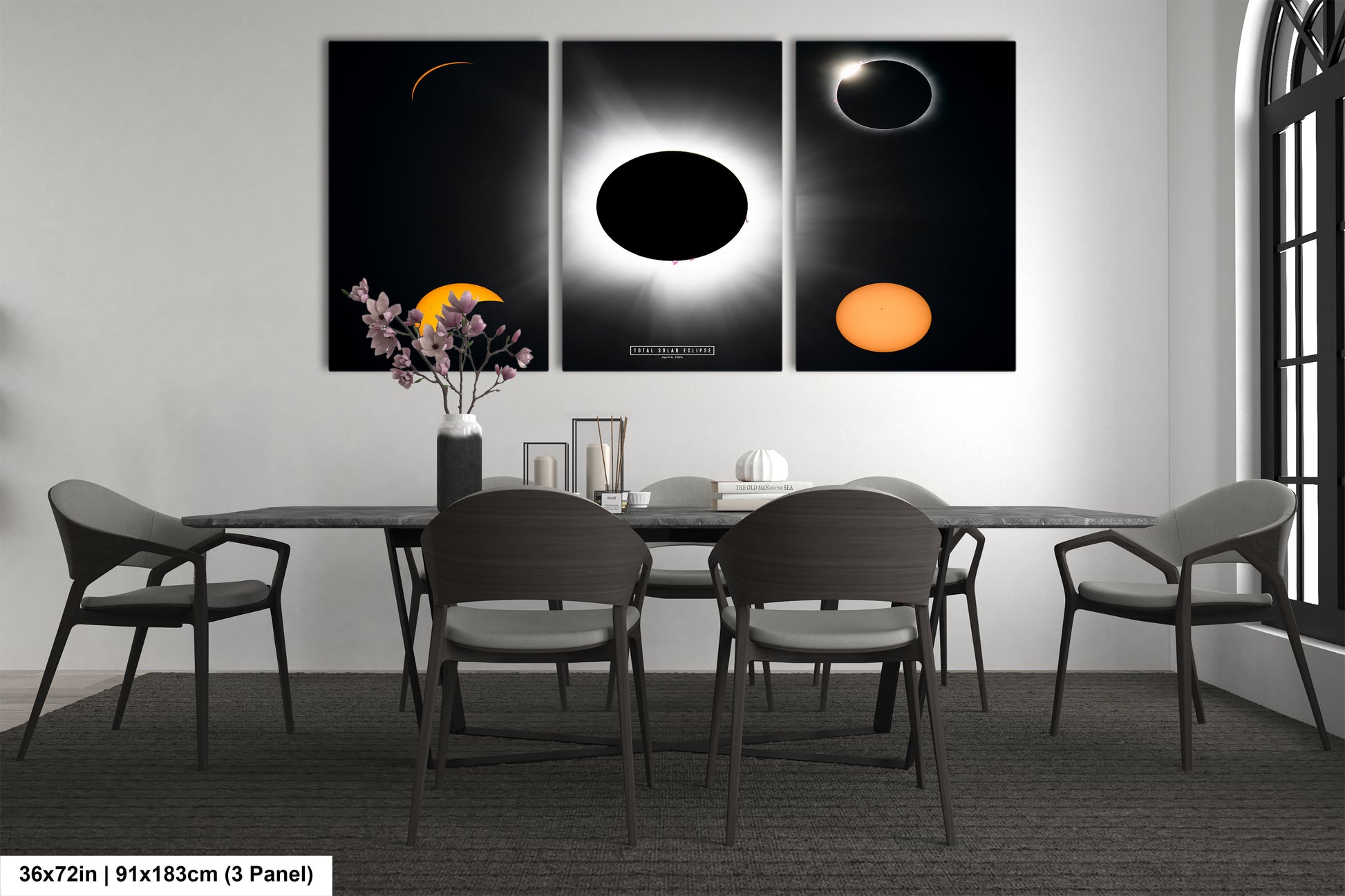 a dining room with a table and four chairs