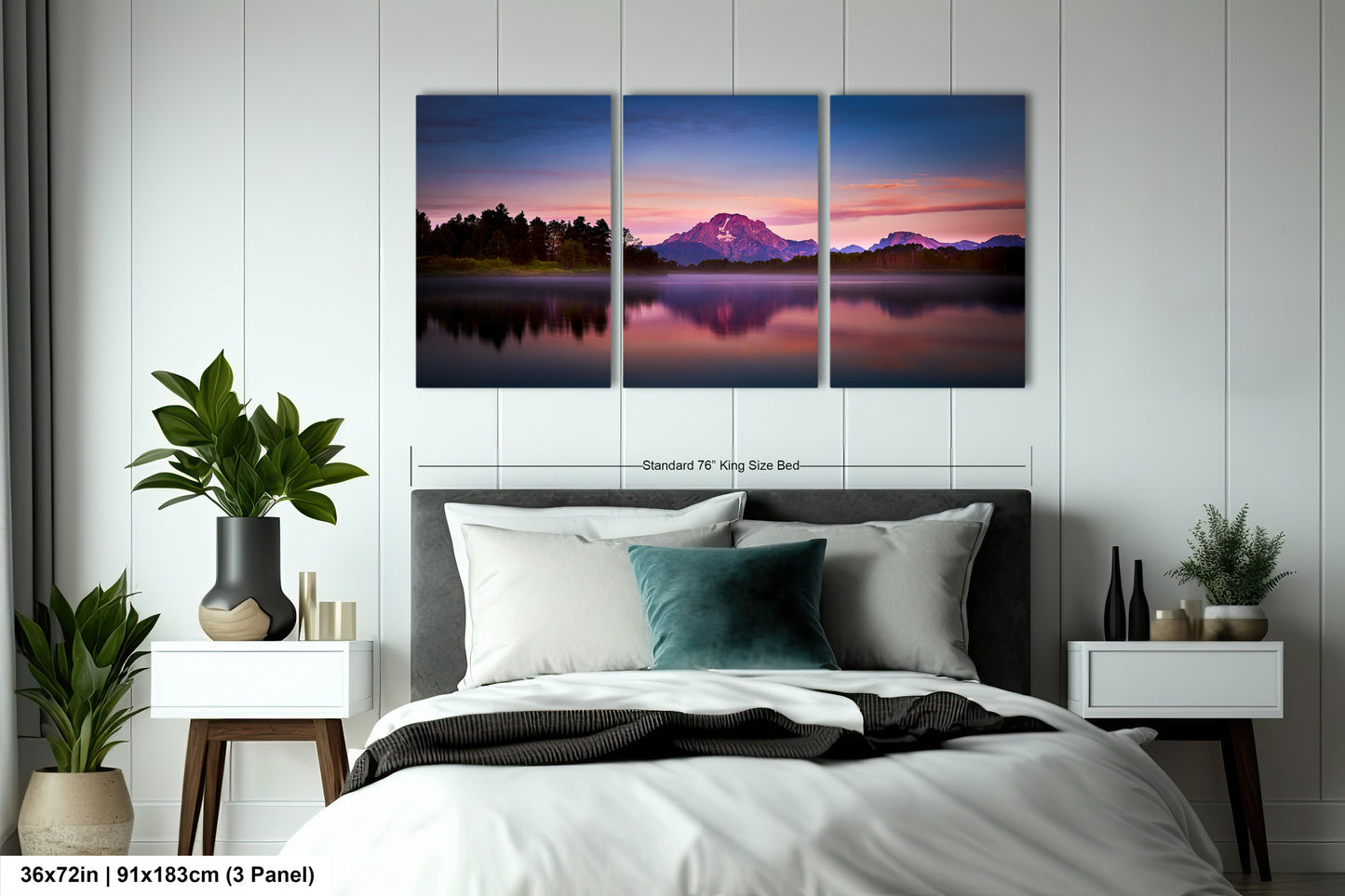 a bedroom scene with a bed and two paintings on the wall