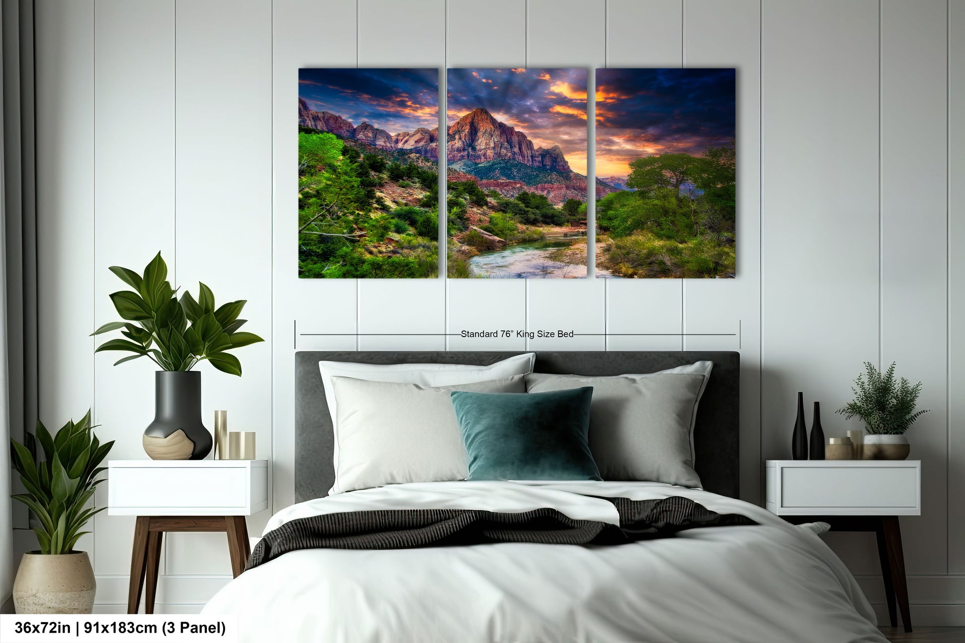 a bedroom scene with a bed and a painting on the wall