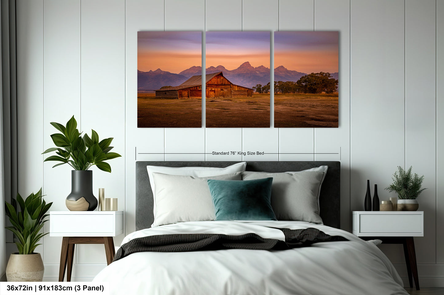 a bed room with a neatly made bed and a painting on the wall