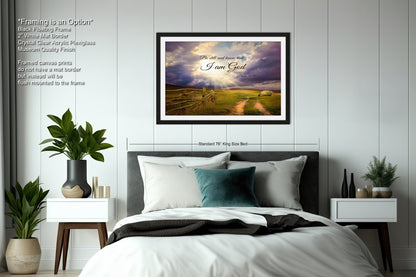 a bedroom with a bed and a picture on the wall
