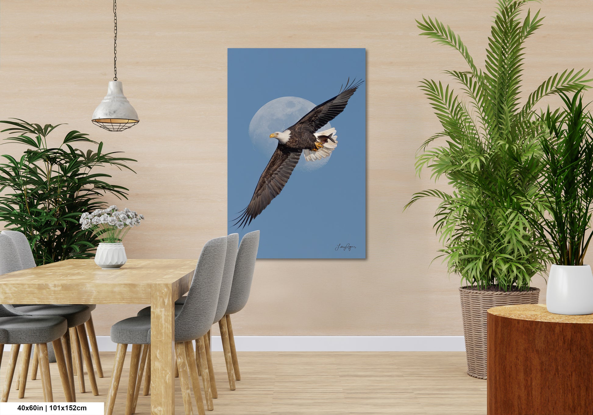 a serene indoor setting with a large blue canvas featuring a majestic bald eagle in flight, surrounded by lush greenery and a wooden dining table.