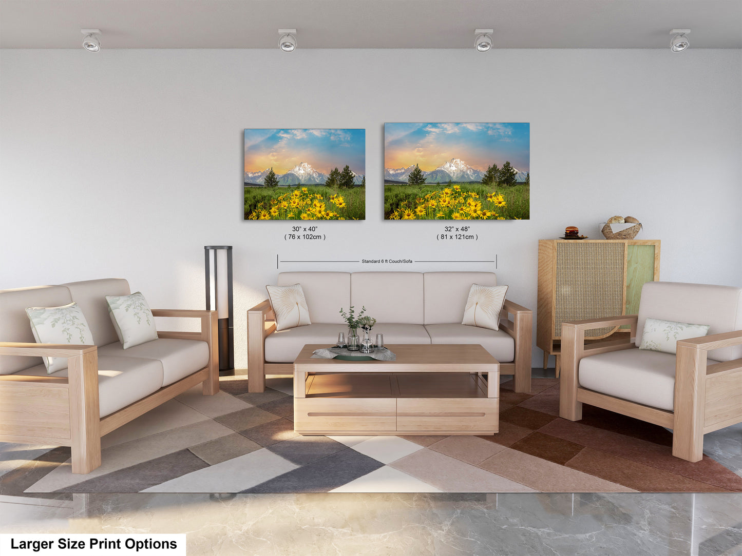 a living room filled with furniture and a painting on the wall
