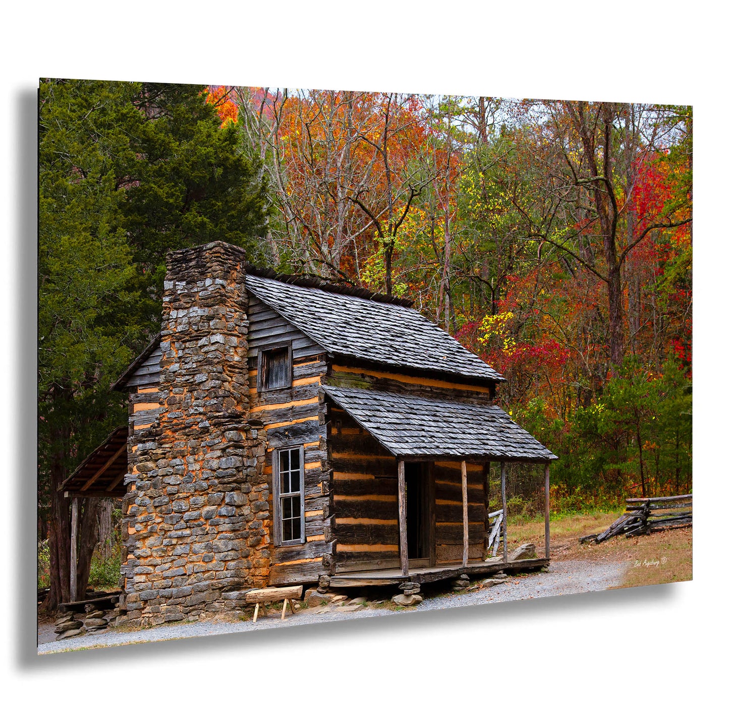 a log cabin in the woods surrounded by trees