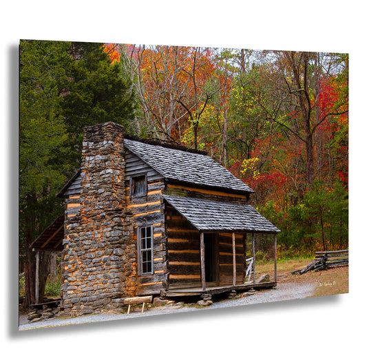 a log cabin in the woods surrounded by trees