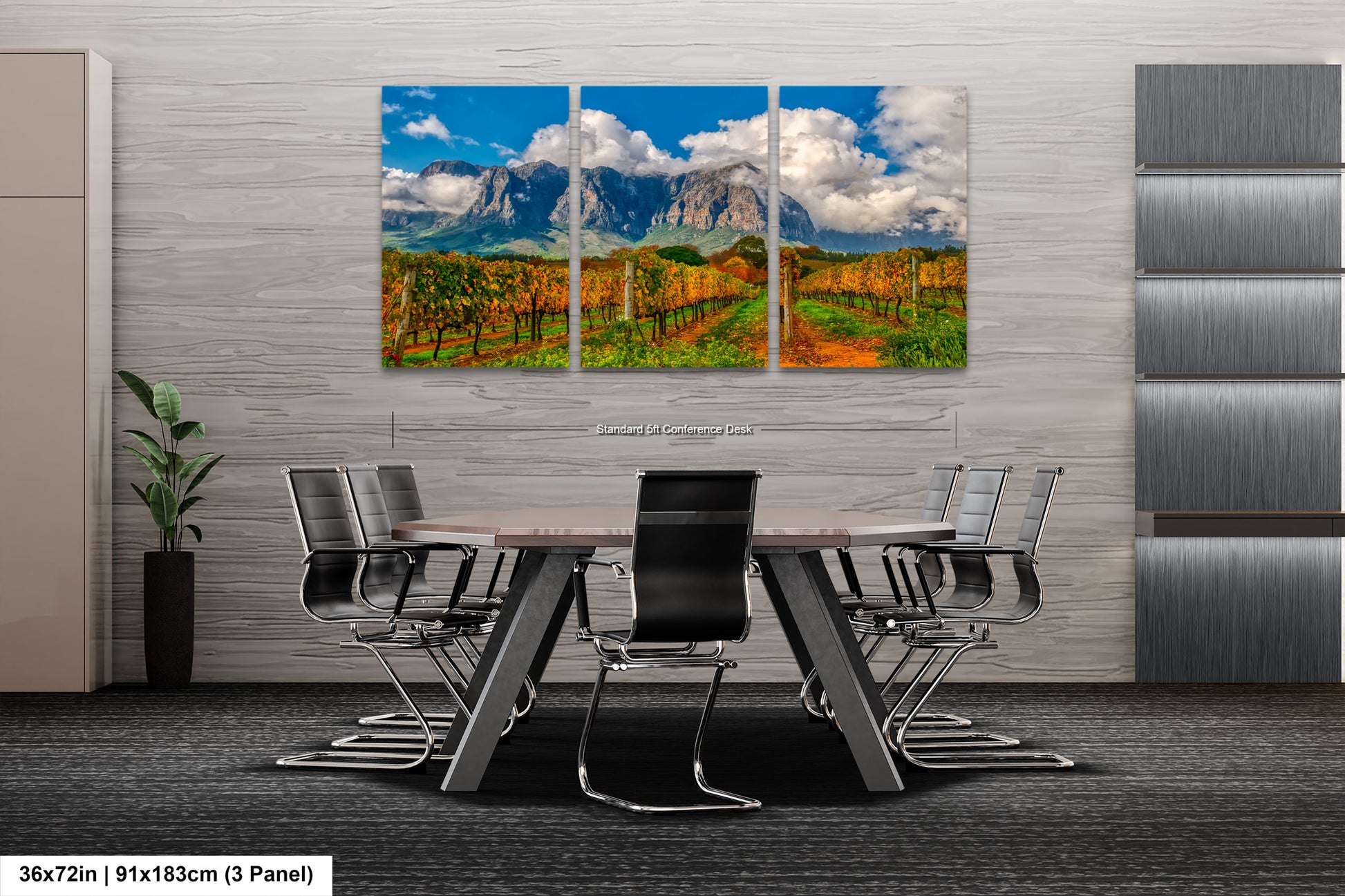a dining room table with chairs and a painting on the wall