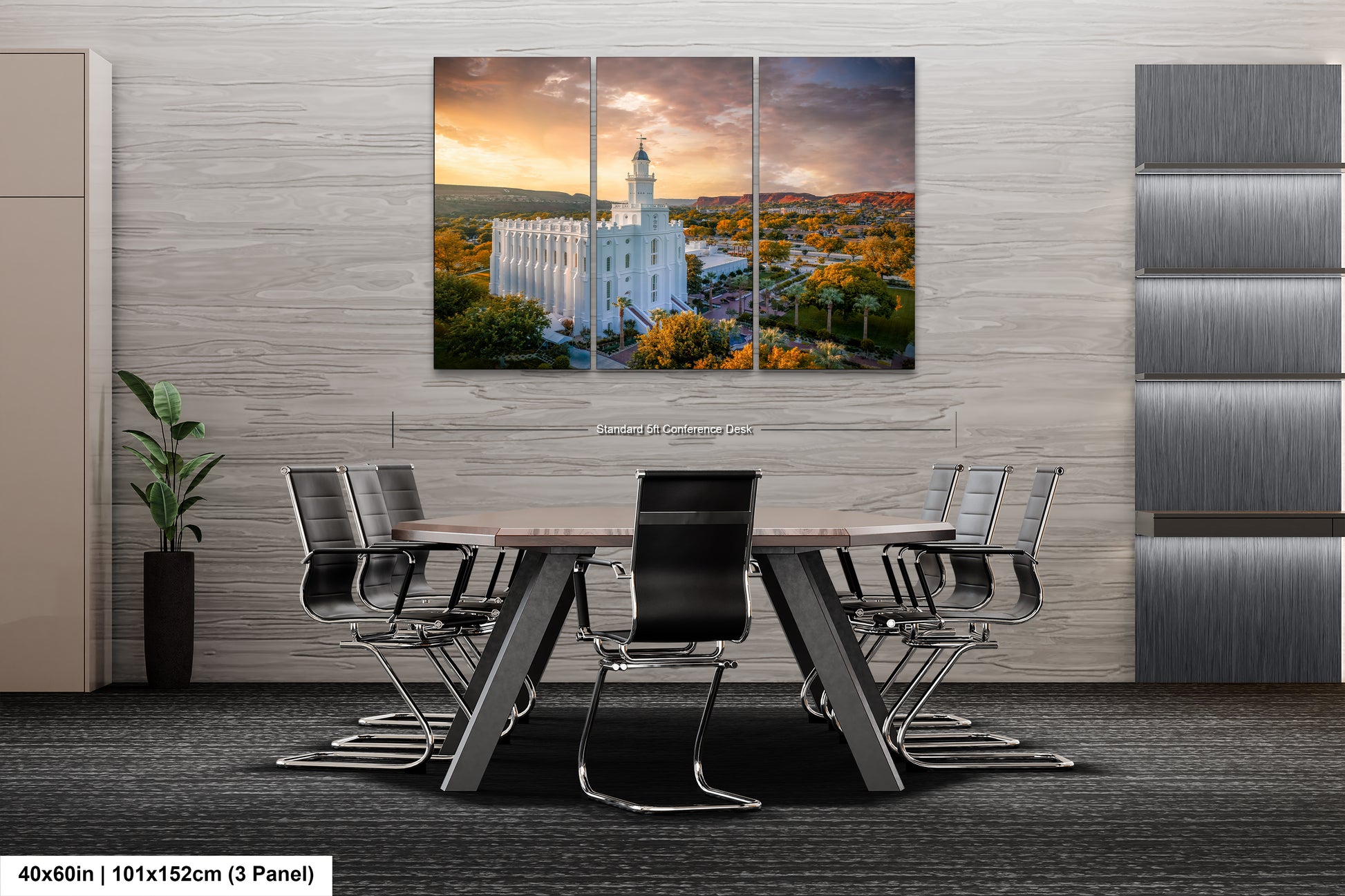 a dining room table with chairs and a painting on the wall
